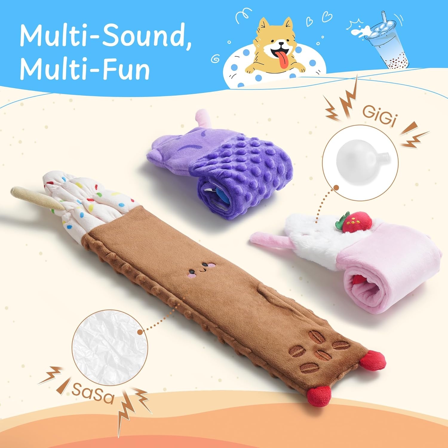 image:imageNocciola 3 PC No Stuffing Small Dog Toys Removable Crinkle Squeaky Durable Dog Tug Toy Summer Drinks Theme Bottle Insert Fun Puppy Toys to Keep Them Busy3 PC No Stuffing Drinks