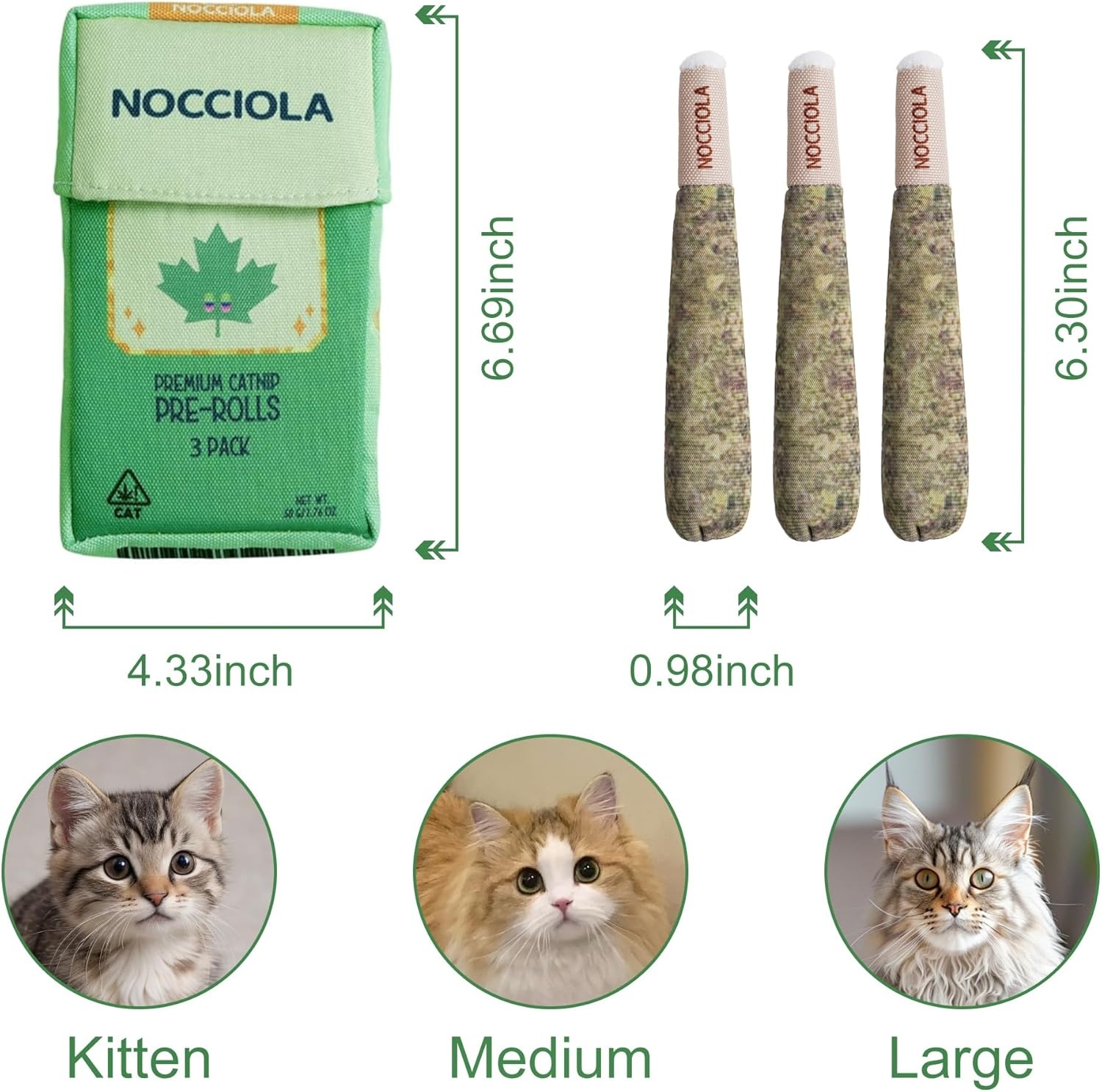 image:imageNocciola 3 Pack Catnip Toys for Cats Funny Cat Toys Filled with 100 Pure Organic Catnip Safe Kitten Teething Chew and Kicker Toys Stress Relieving Fun for Indoor CatsGreen for Strong Chewers