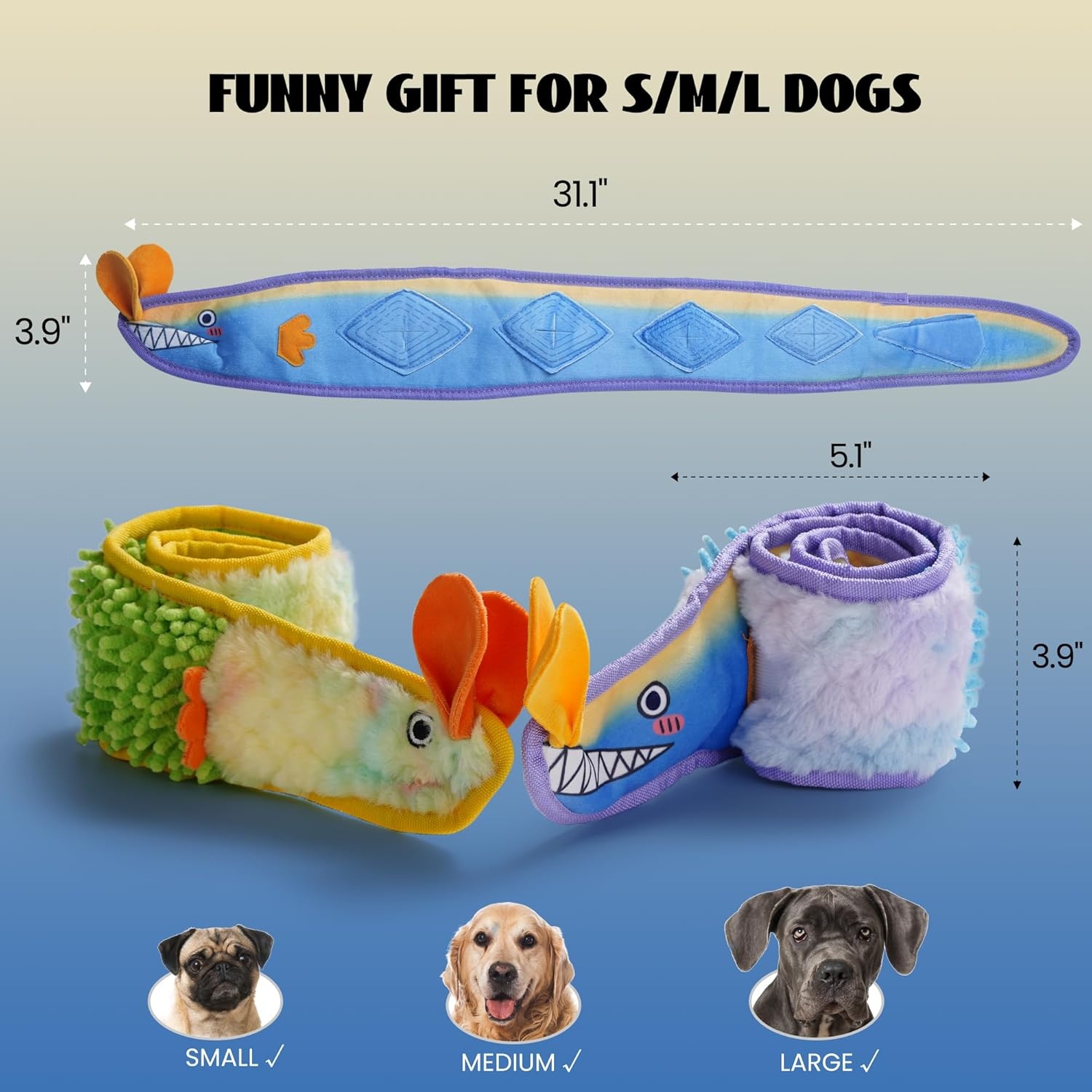 image:imageNocciola EEL Squeaky Dog Toy Tough No Stuffing Toy for Tug of War Puppy Interactive Puzzle Fun to Keep Them Busy Cognitive Crinkle Dog Toy for Large Medium Small Breed BlueBlue Yellow Eel Bundle