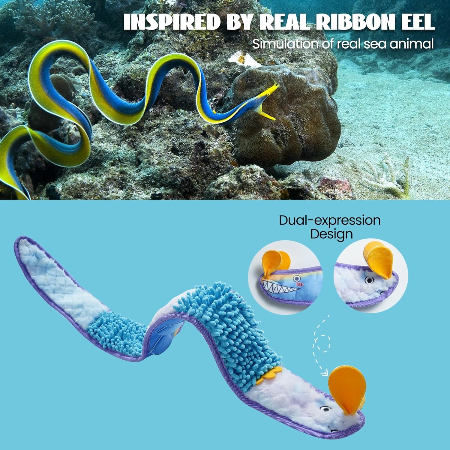 image:imageNocciola EEL Squeaky Dog Toy Tough No Stuffing Toy for Tug of War Puppy Interactive Puzzle Fun to Keep Them Busy Cognitive Crinkle Dog Toy for Large Medium Small Breed BlueNo Stuffing Blue Eel