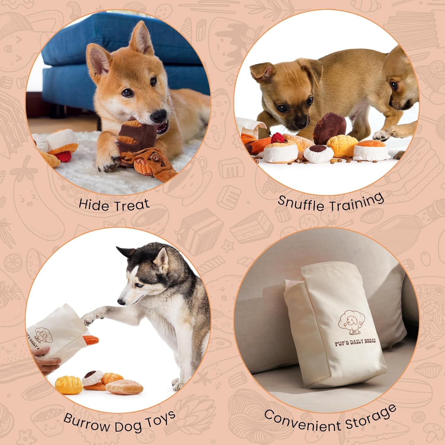 image:imageNocciola Squeaky Bread Stuffed Dog Toys Pack Puppy Toys with Grocery Bag to Keep Them Busy Small Dog Toys for Boredom Durable Snuffle Dog Toys for Small Medium Breeds Pet GiftBread Dog Toys