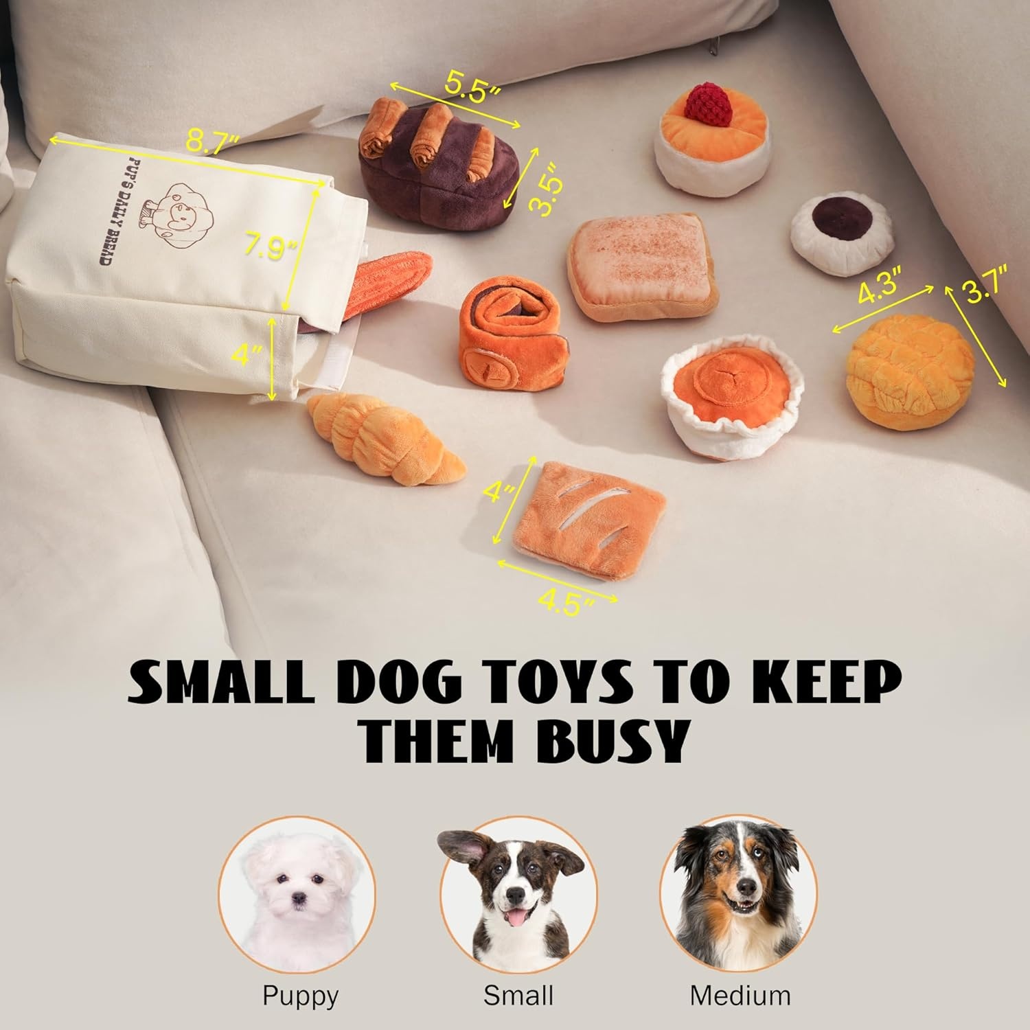 image:imageNocciola Squeaky Bread Stuffed Dog Toys Pack Puppy Toys with Grocery Bag to Keep Them Busy Small Dog Toys for Boredom Durable Snuffle Dog Toys for Small Medium Breeds Pet GiftBread Dog Toys