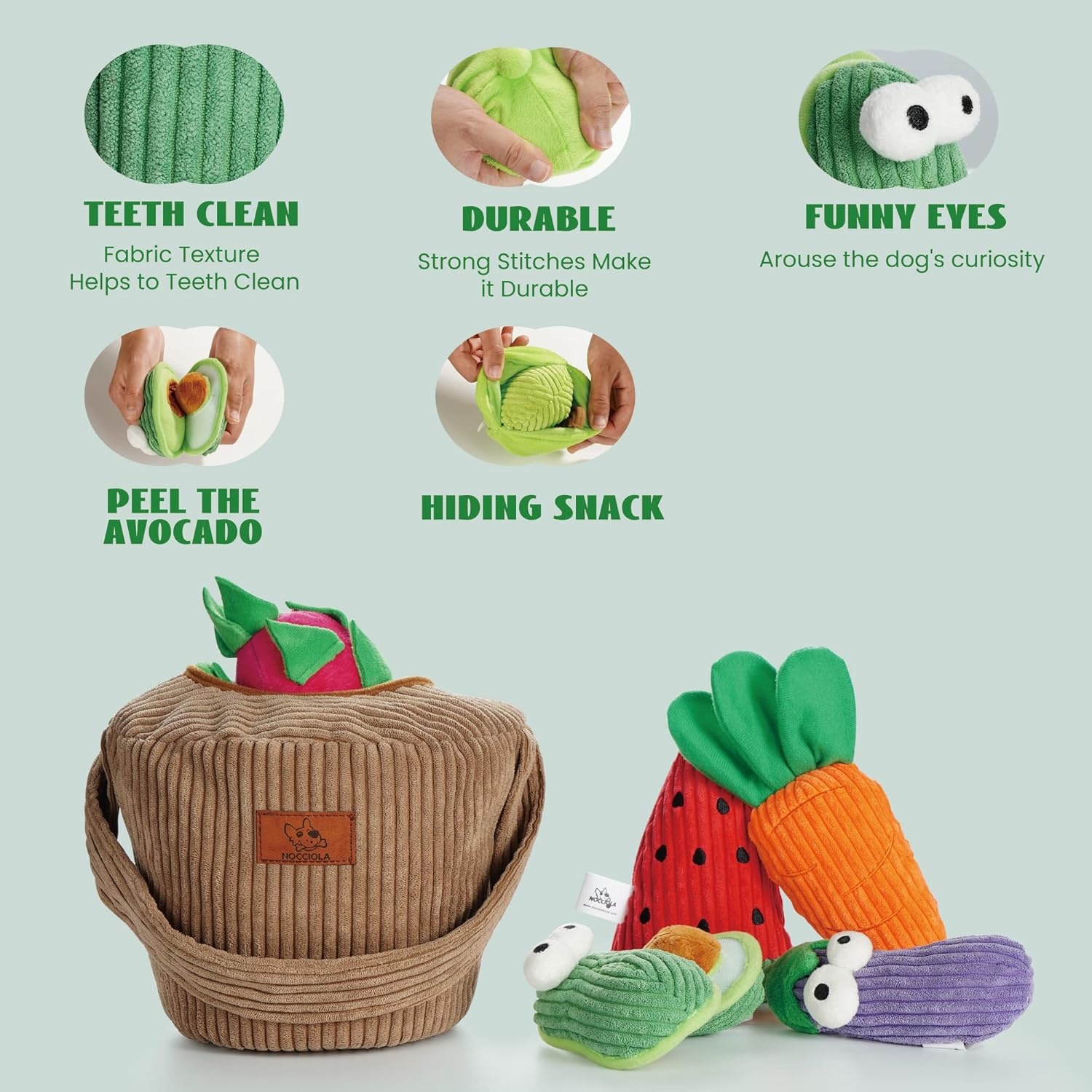 image:imageNocciola Squeaky Fruits Veggies Stuffed Dog Toys Pack Hide Seek Grocery Basket Crinkle Plush Puppy Toys to Keep Busy Birthday Pet Supplies Gifts for Small Medium BreedsFruit and Vegetables