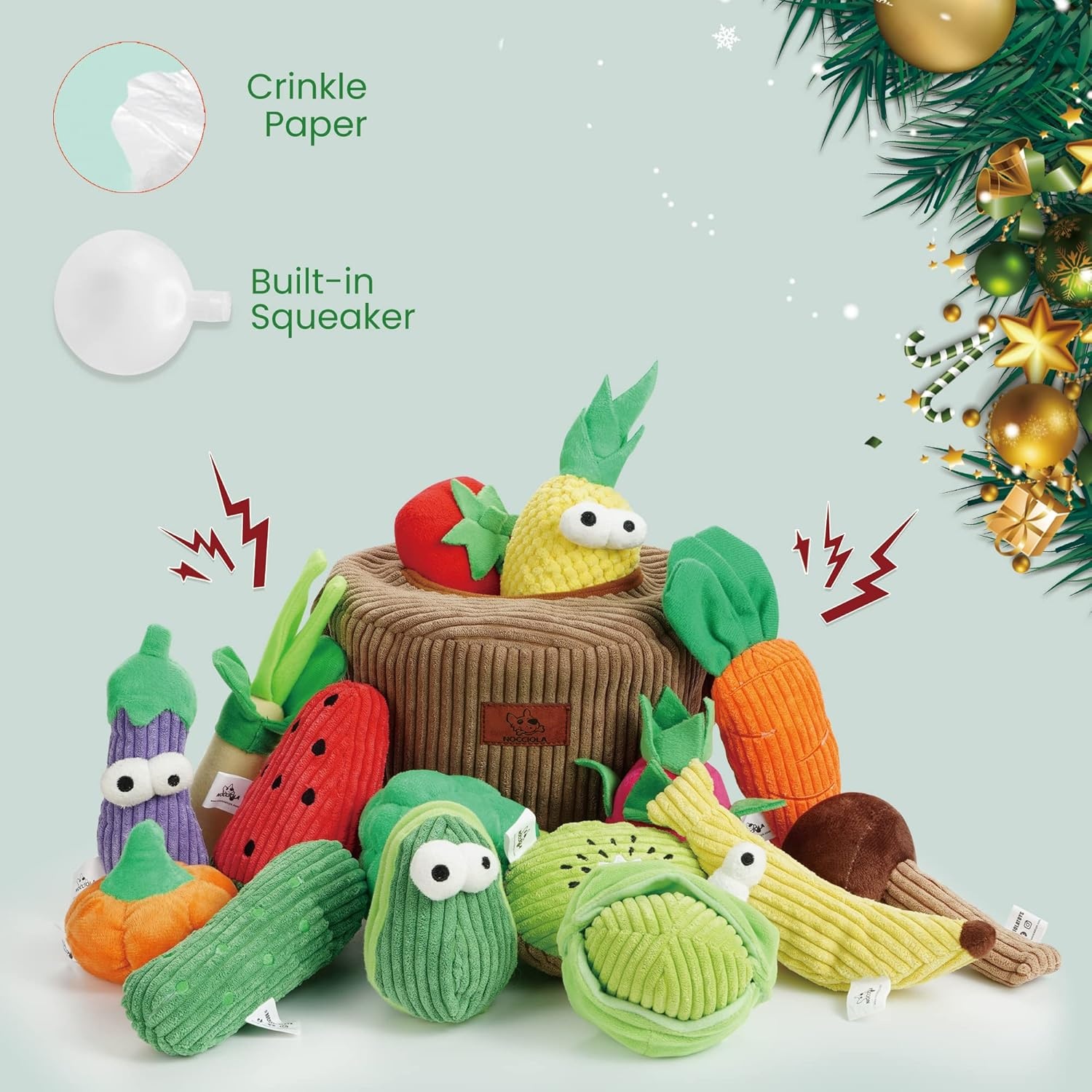 image:imageNocciola Squeaky Fruits Veggies Stuffed Dog Toys Pack Hide Seek Grocery Basket Crinkle Plush Puppy Toys to Keep Busy Birthday Pet Supplies Gifts for Small Medium BreedsFruit and Vegetables