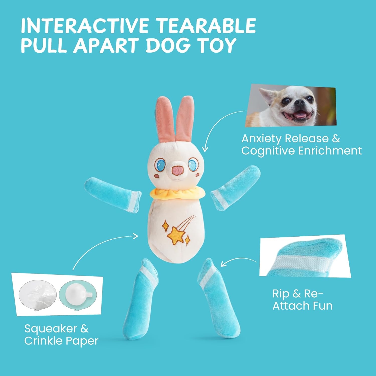 image:imageNocciola Tearable Rip Pull Apart Squeaky Dog Puzzle Toys 4 in 1 Enrichment Interactive Plush Stuffed Crinkle Chew Toys for Small Medium Large BreedsBunny Dog Toy