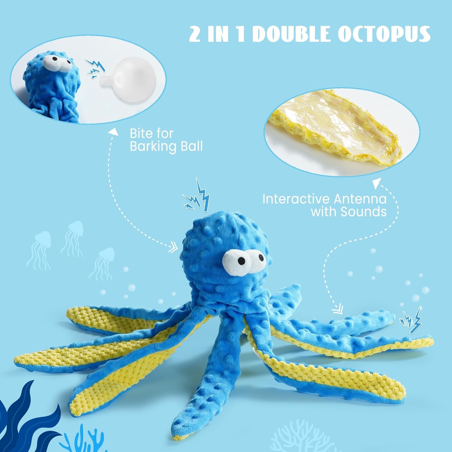image:imageNocciola 4 Packs Crinkle Squeaky Dog Toys for Aggressive Chewers Tough Durable Stuffed Plush Rope Tug Puppy Chew Toy for Small Medium Large Breeds1 PCS Octopus