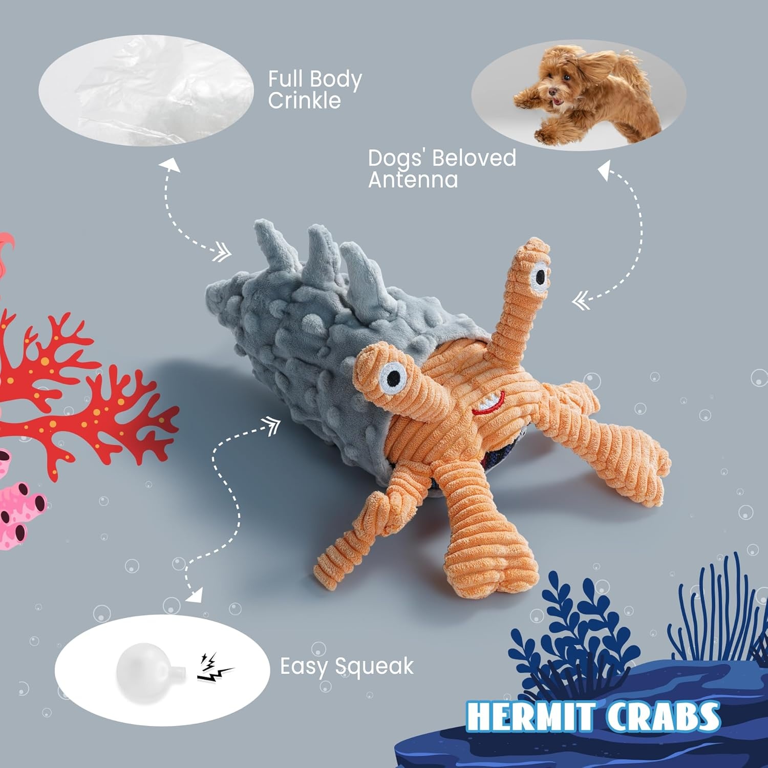 image:imageNocciola 4 Packs Crinkle Squeaky Dog Toys for Aggressive Chewers Tough Durable Stuffed Plush Rope Tug Puppy Chew Toy for Small Medium Large Breeds1 PCS Crab