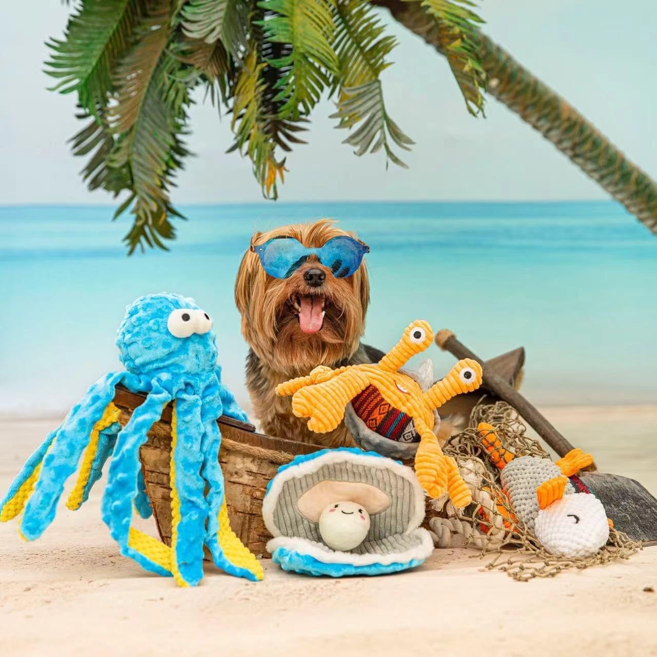 image:imageNocciola 4 Packs Crinkle Squeaky Dog Toys for Aggressive Chewers Tough Durable Stuffed Plush Rope Tug Puppy Chew Toy for Small Medium Large Breeds4 PCS Ocean Series