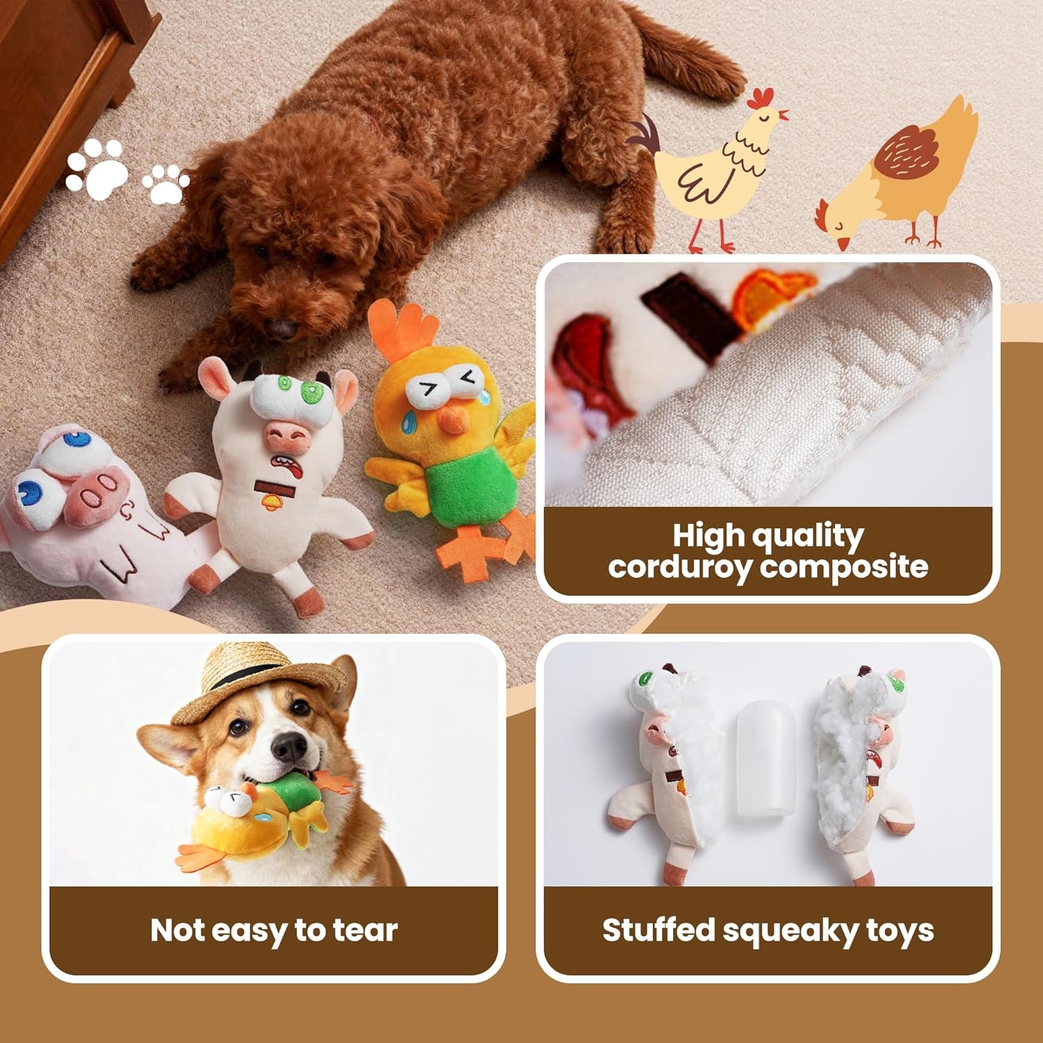 image:imageNocciola 5Pack Squeaky Dog Toys Durable Stuffed Critter Zoo Dog Toys with Unique Squeak Sounds to Keep Dogs Busy Puppy Toys for Small Medium and Large Dogs3 Different Animals