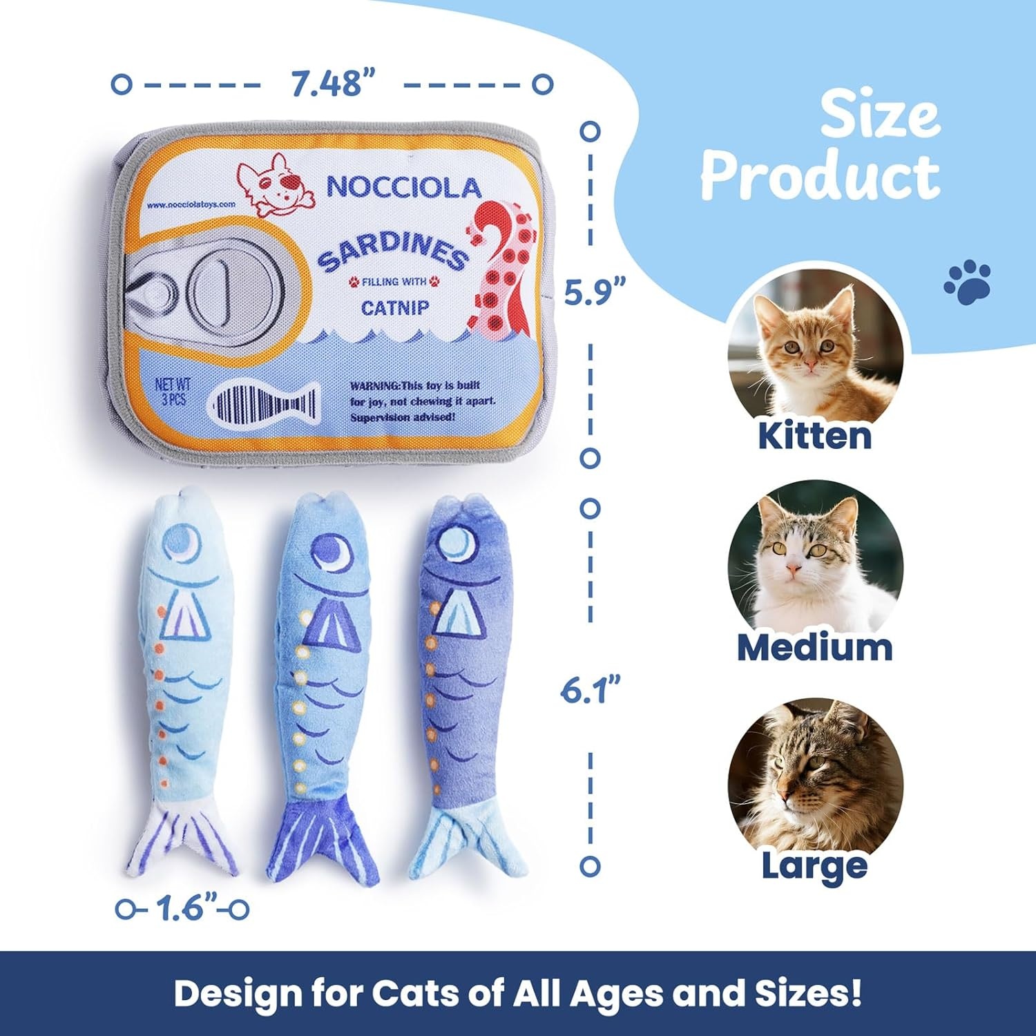 image:imageNocciola Catnip Toys for Indoor Cats 3 Pack Cat Toys Fish with Sardine Can Pouch Cat Nip Toys Cat Kicker Toy with Crinkle Paper Interactive Cat Toy for Kitten Enrichment Cat Gifts