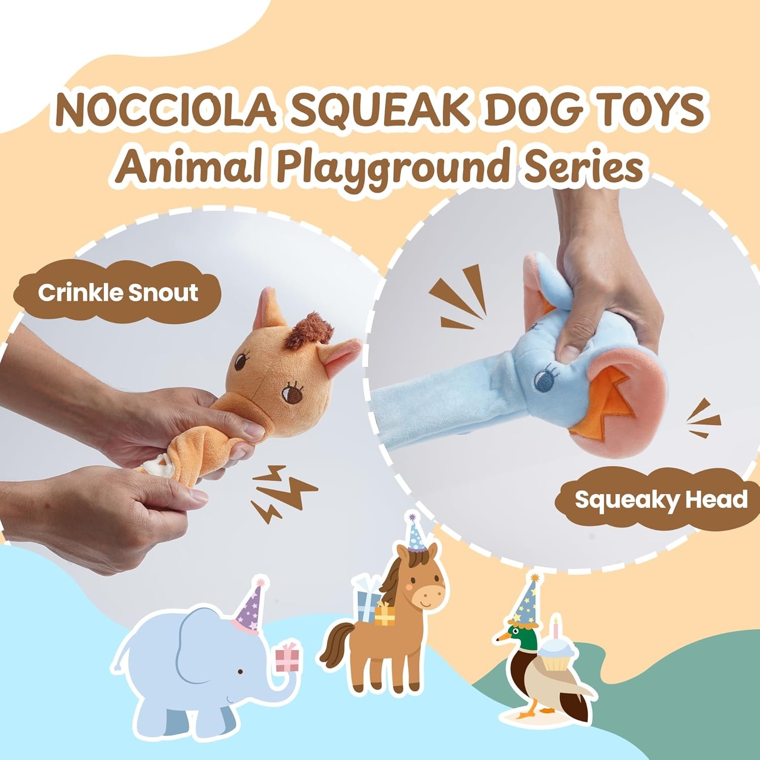 image:imageNocciola Dog Squeak Toys 2pcs Dog Toys to Keep Them Busy for Aggressive Chewers Hide and Seek Crinkle Dog Toy for Large Dogs Long Face Wild Animals Playground SeriesHorse Elephant Duck