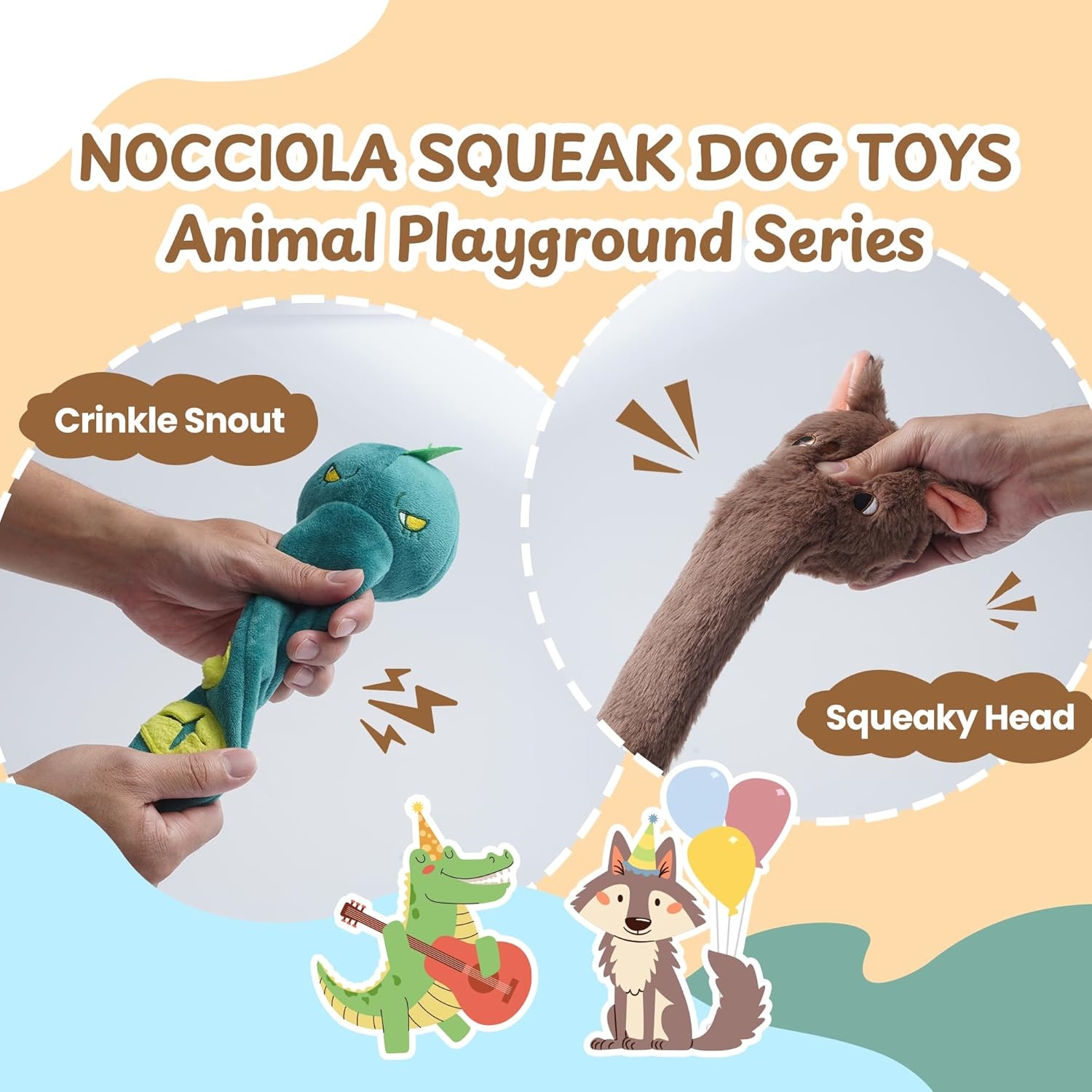 image:imageNocciola Dog Squeak Toys 2pcs Dog Toys to Keep Them Busy for Aggressive Chewers Hide and Seek Crinkle Dog Toy for Large Dogs Long Face Wild Animals Playground SeriesWolf Crocodile