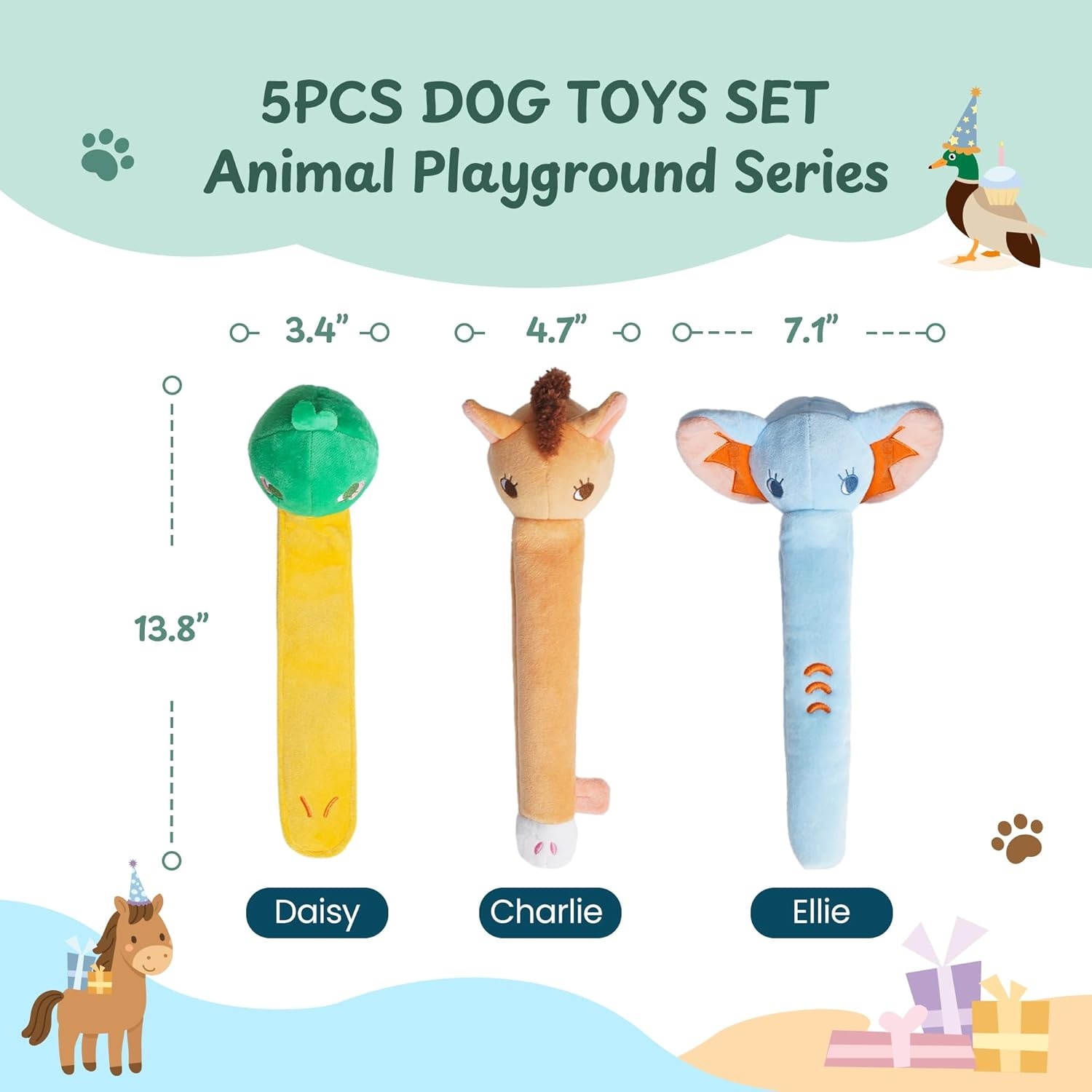 image:imageNocciola Dog Squeak Toys 2pcs Dog Toys to Keep Them Busy for Aggressive Chewers Hide and Seek Crinkle Dog Toy for Large Dogs Long Face Wild Animals Playground SeriesHorse Elephant Duck
