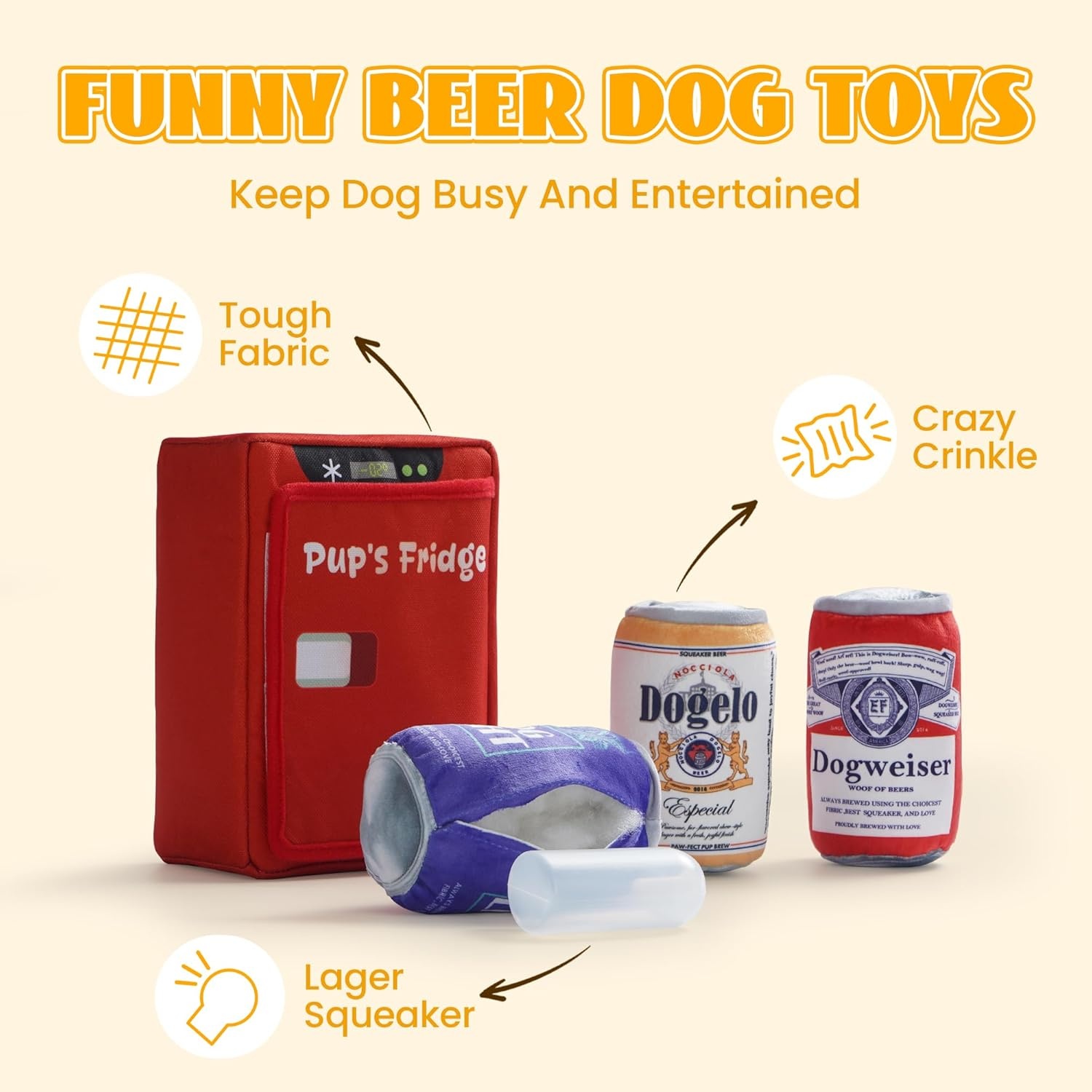 image:imageNocciola Squeaky Beer Dog Toys with a Fridge Funny Crinkle Hide and Seek Dog Chew Toys for Small Medium Large Breeds Plush Stuffed Puppy Birthday GiftsBeer