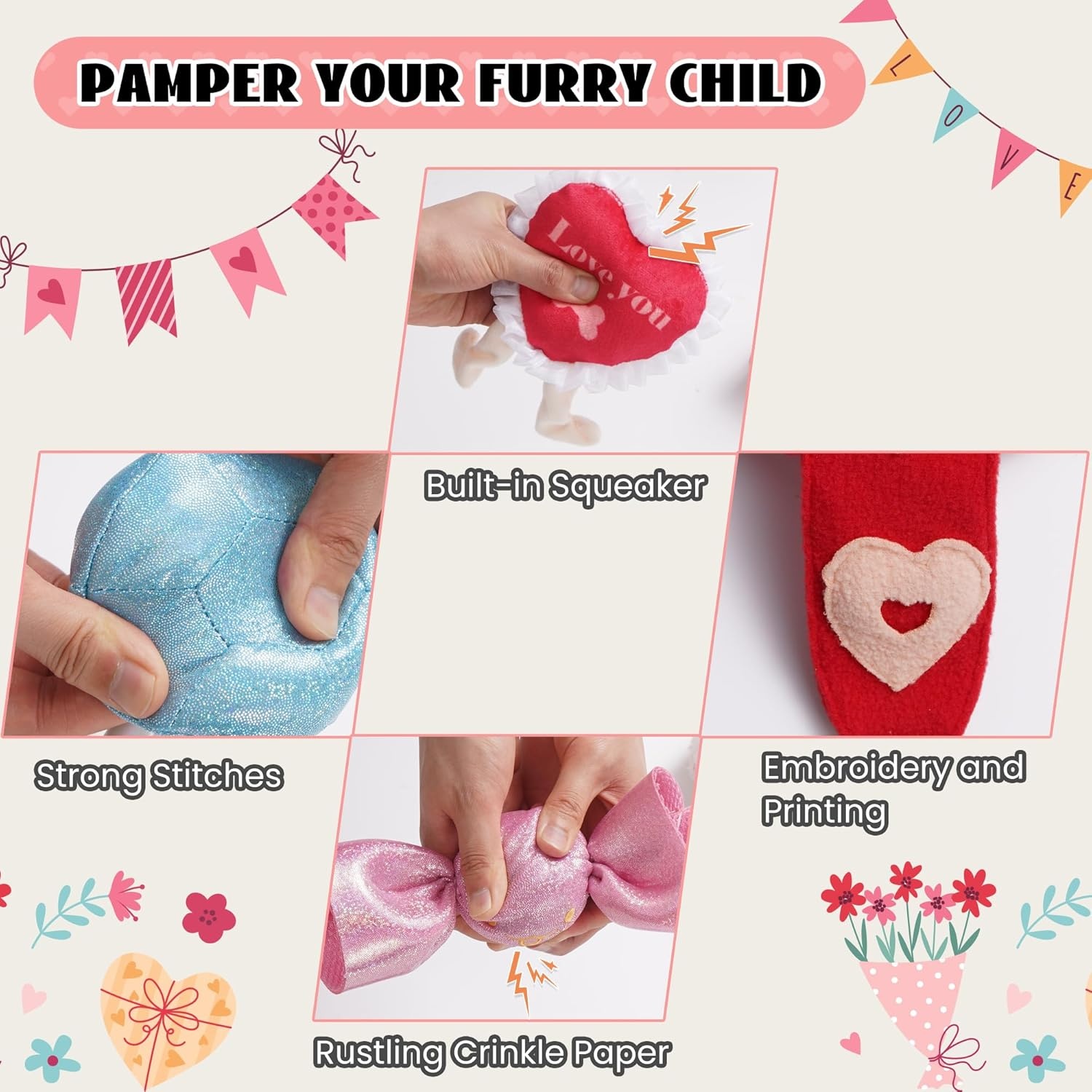 image:imageNocciola Squeaky Dog Toys for Girls Adorable Plush Ruffled Rose Heart Puppy Toy to Keep Them Busy for Small Medium and Large Breeds 7 Pack7 PCS
