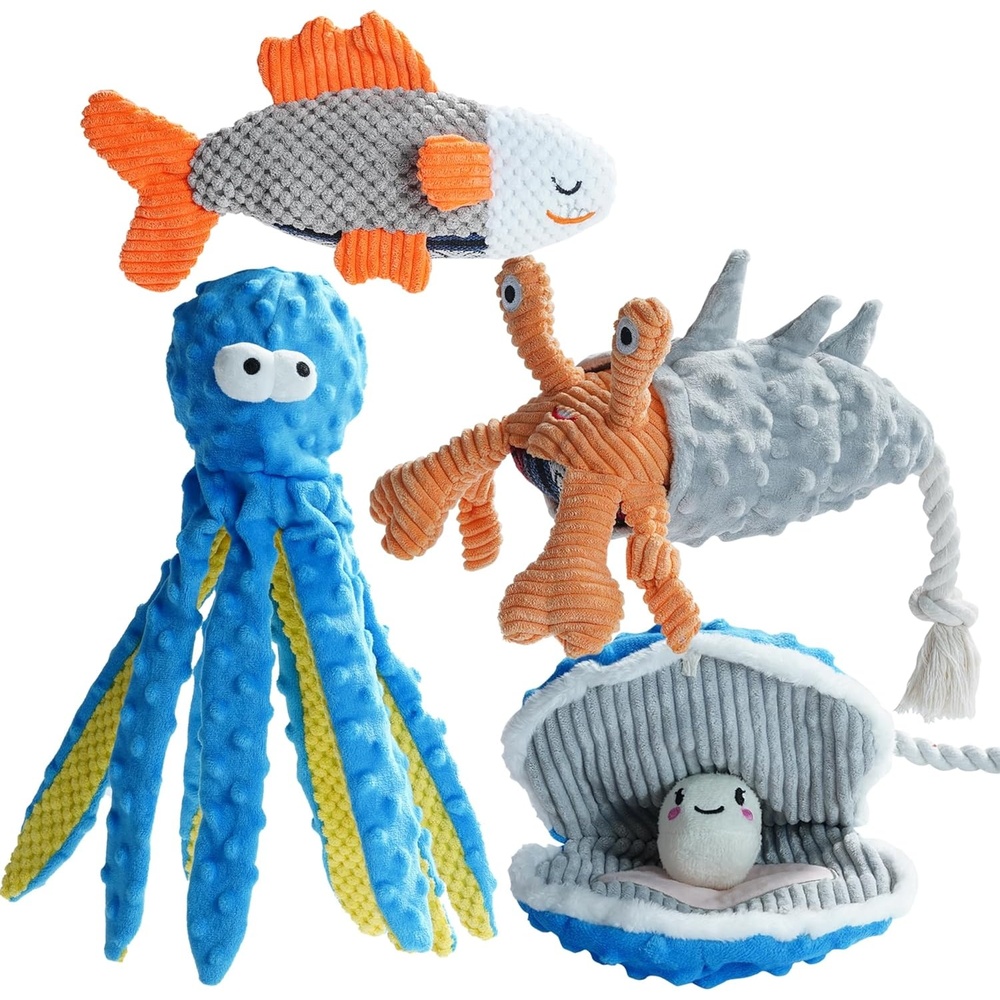 image:imageNocciola 4 Packs Crinkle Squeaky Dog Toys for Aggressive Chewers Tough Durable Stuffed Plush Rope Tug Puppy Chew Toy for Small Medium Large Breeds4 PCS Ocean Series